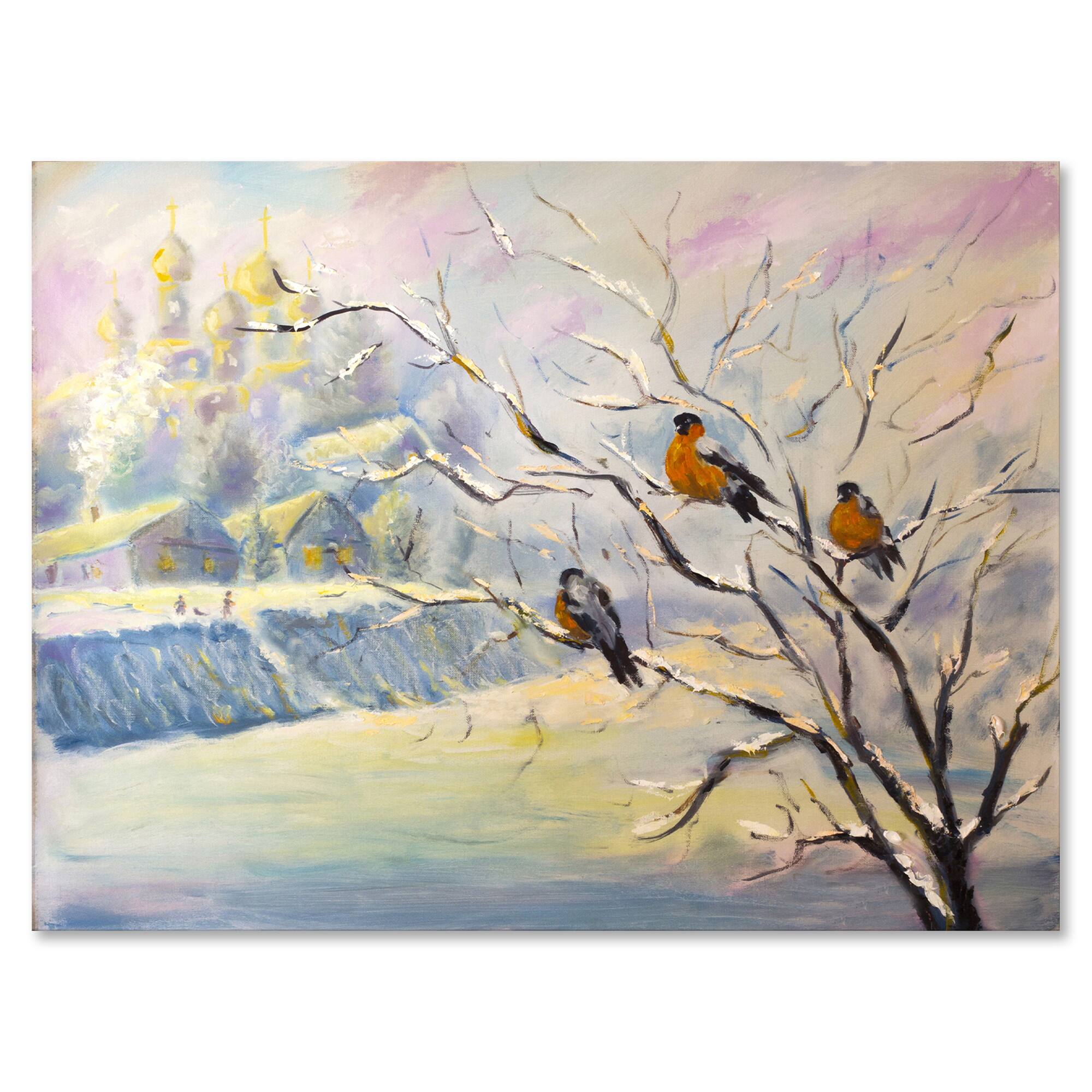 Designart - Rustic Birds On A Tree In Winter Village